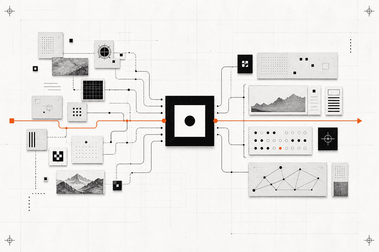 Technical paper collage showing business signals converging into one supervised operating system