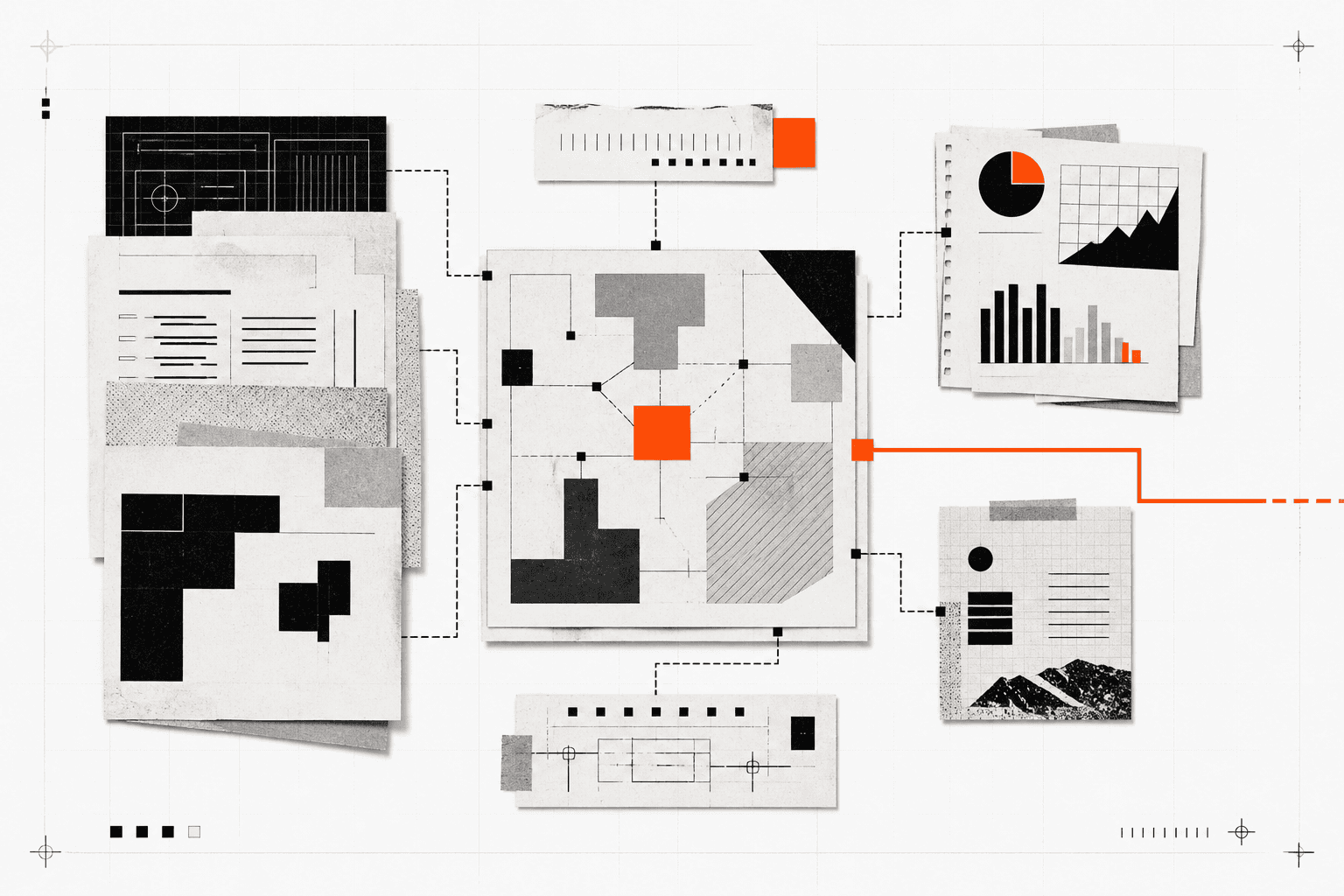 Layered business documents and charts assembled into a single operational context map