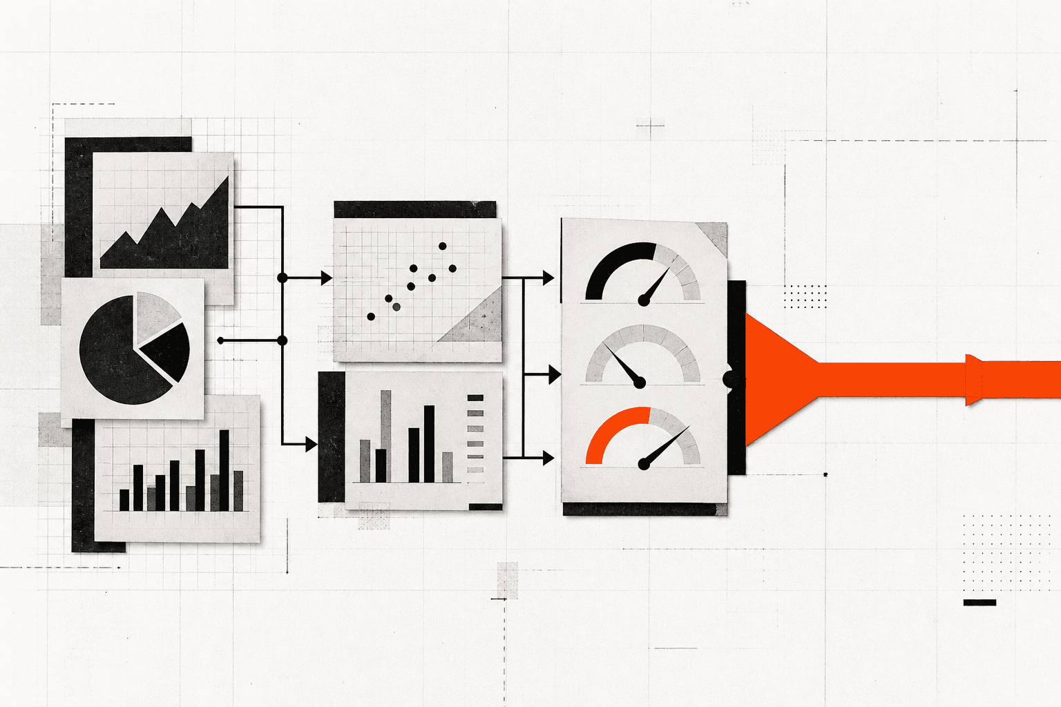 Monochrome dashboard charts feeding into a single orange action path