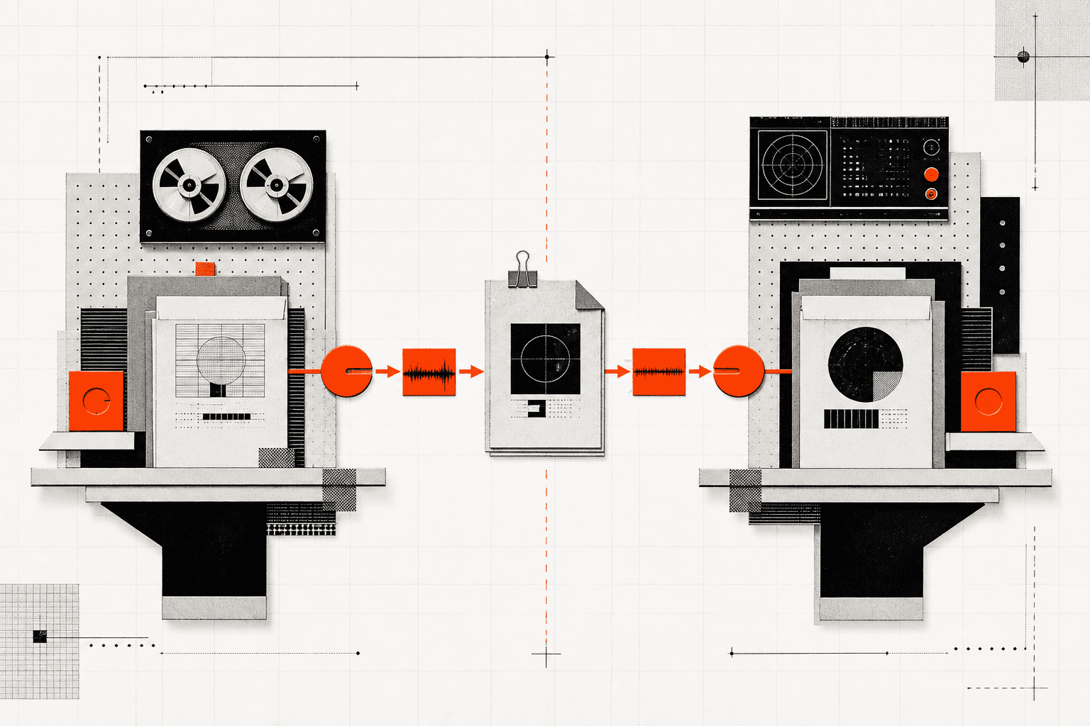 Two operating stations exchanging a documented task through an orange handoff line