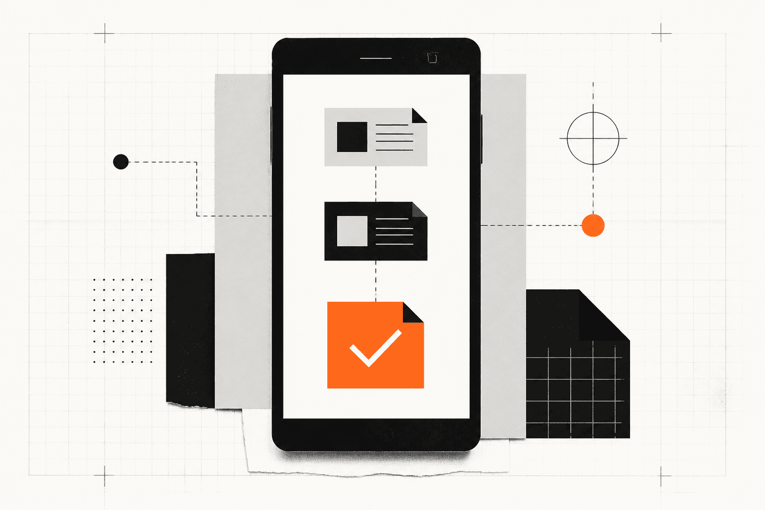 Paper collage of a mobile approval flow with one orange completed decision