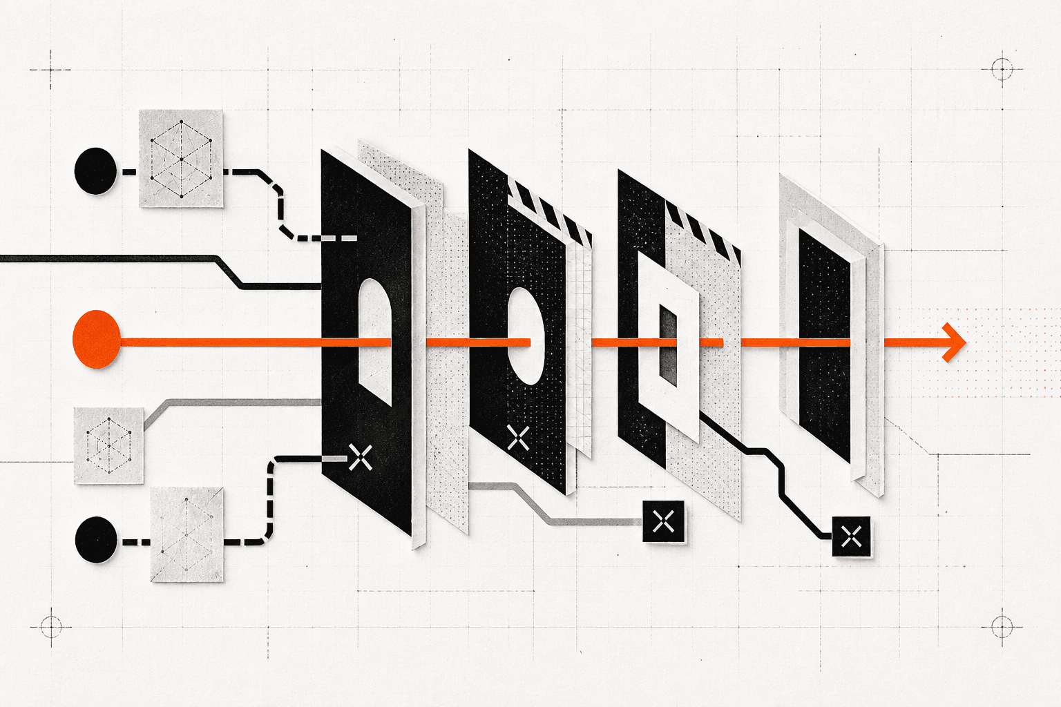 Layered access gates allowing one authorized orange signal to pass through