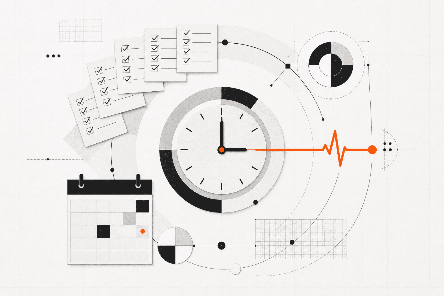 Flat paper clock, calendar, and inspection cards connected by an orange monitoring pulse