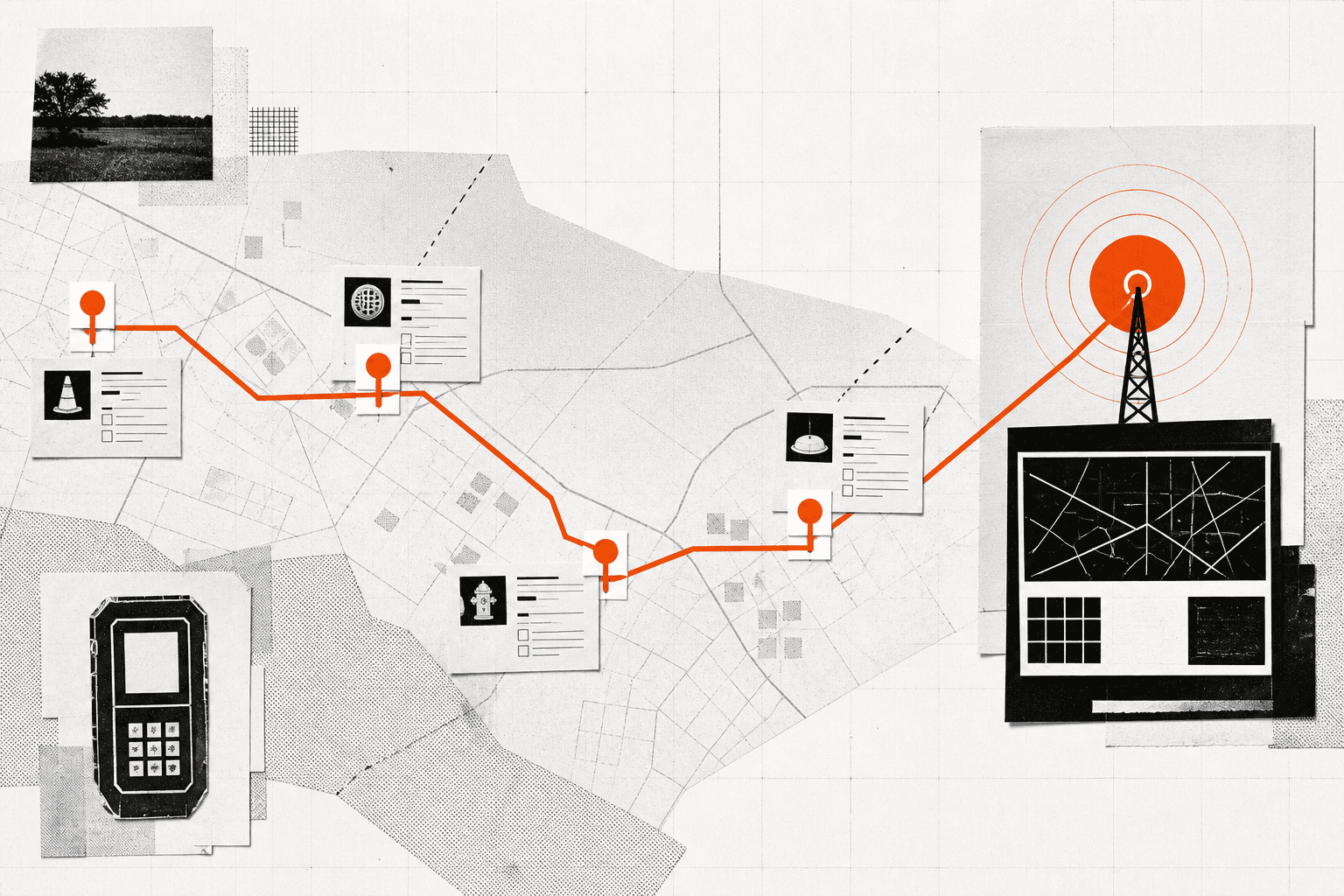 Technical route map connecting field visits to a central supervision console