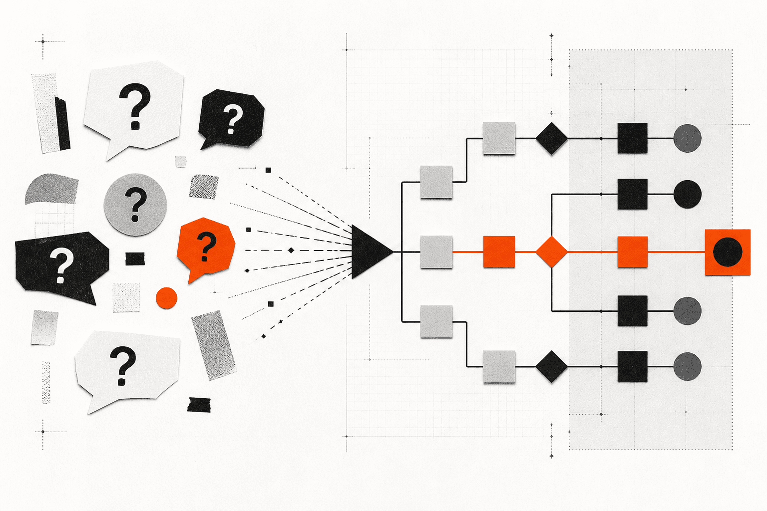 Loose business questions becoming an orderly workflow with an orange active path